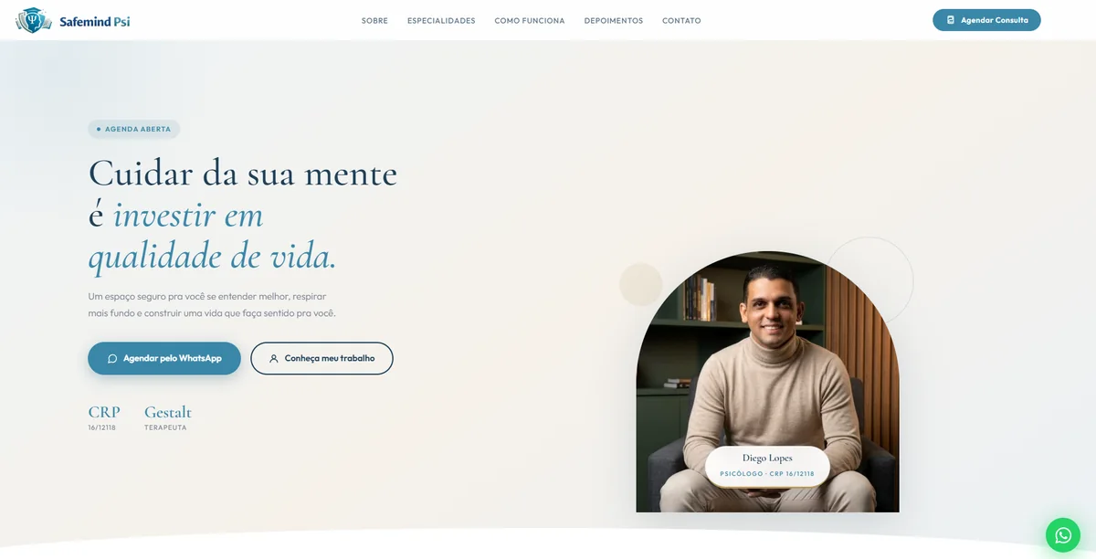 Página inicial da SafeMind Psicologia